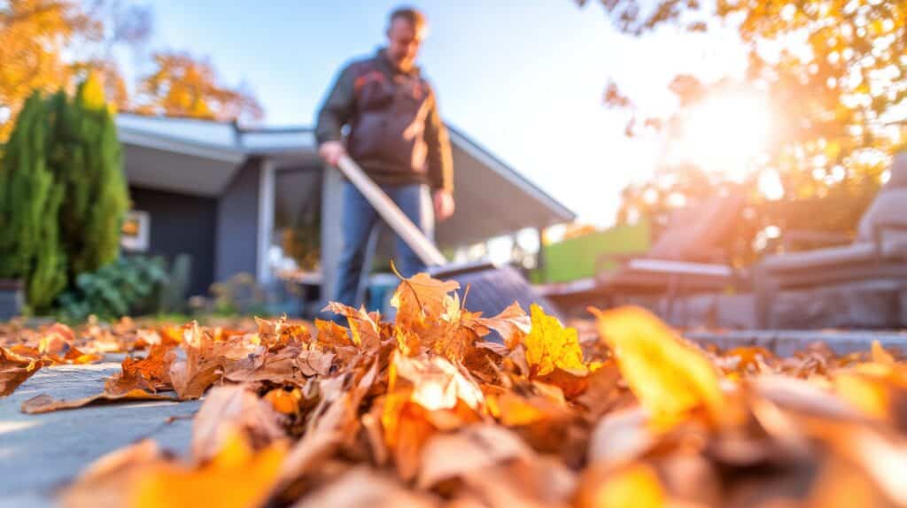 Autumn yard work: Raking vibrant fall leaves in a sunlit garden