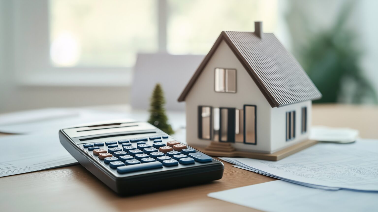 Calculating the Dream: A miniature house rests beside a calculator and paperwork, symbolizing the financial planning involved in homeownership.