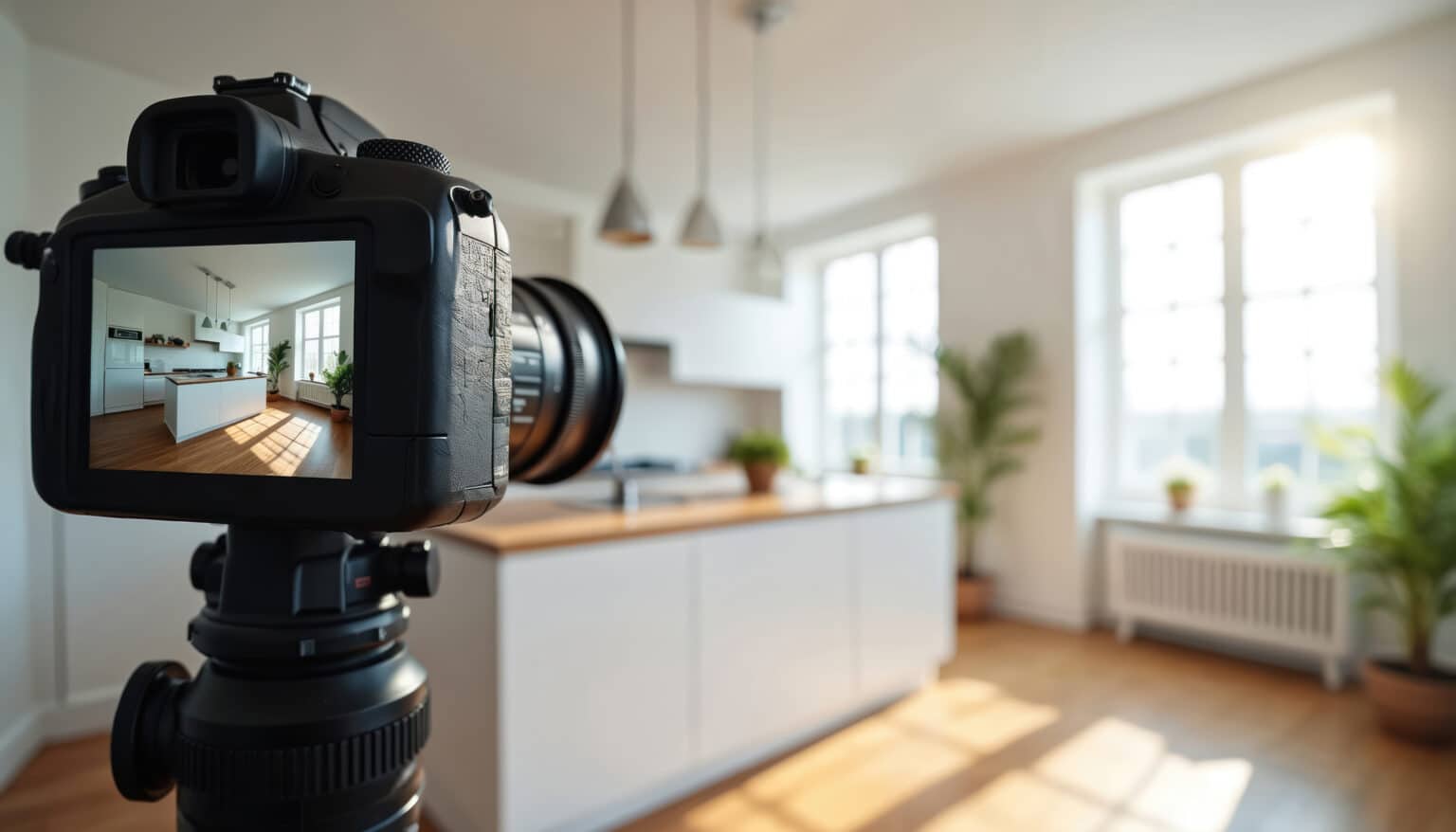 Camera shoots modern white kitchen. Professional real estate photo, captures interior design. Bright windows light room. Home staging for sale.